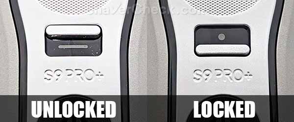 The switch in the unlocked and locked position, respectively.